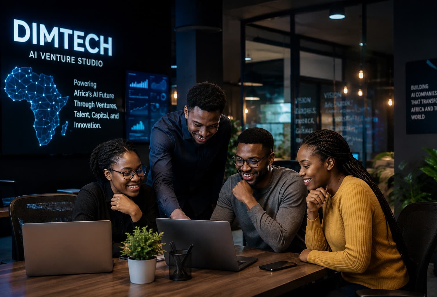 DIMTECH's team collaborating around a laptop in front of a screen reading 'Powering Africa's AI Future Through Ventures, Talent, Capital, and Innovation.'